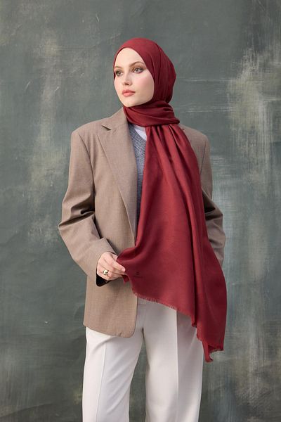 İpekhan Red Wave Patterned Cotton Jacquard Shawl - 8010-15