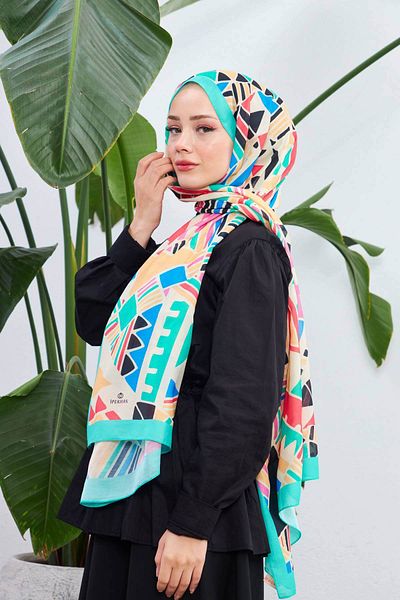 İpekhan Geo Ethnic Soft Shawl Black Water Green 3039-10