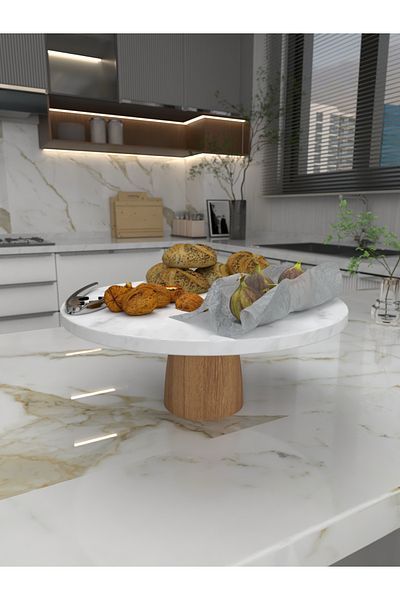 fatrema 28 cm Natural Marble Pastry Cake Stand - Wooden Legs, Presenter and Cheese Plate