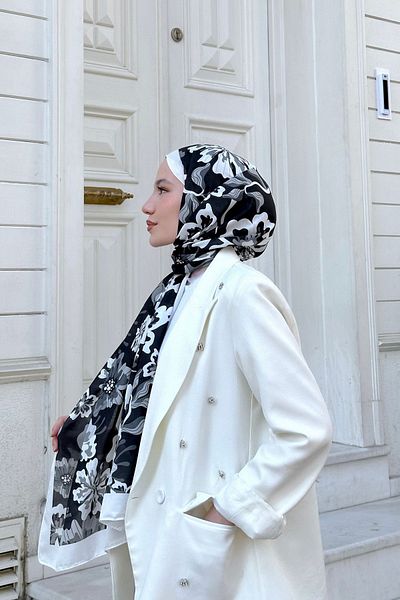 İpekhan Nature Freesia Soft Shawl White Black 3038-06