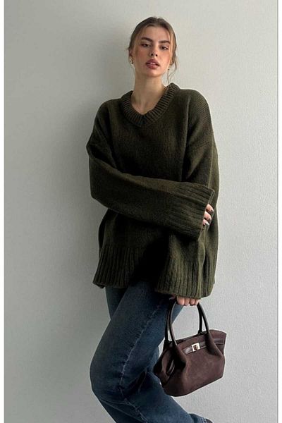 yeditepe fashion V-Neck Oversize Knitwear Sweater