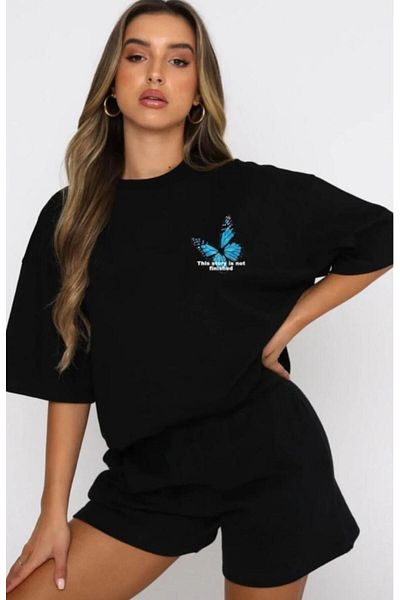 K&S Combinație de tricou cu pantaloni scurți cu imprimeu fluture albastru