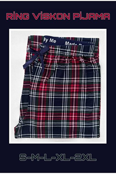 BAHHAR Kadın Kırmızı Ekose Yüksek Bel Pantolon Kalıp Cepsiz Yumuşacık Mevsimlik Viskon Pijama Altı