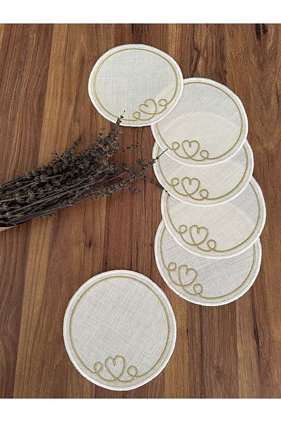 NURHAN HOME COLLECTION Gold Embroidered Round Cocktail Presentation Napkin with Heart