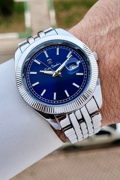 Pierre Cardin Kadranı Lacivert Kordonu Gümüş Renk 44 mm Erkek Kol Saati