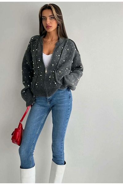 yeditepe fashion Anthracite Crew Neck Stone Embroidered Stylish Knitwear Women's Cardigan