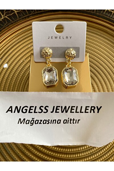 ANGELSS JEWELLERY Beyaz Şeffaf Baget Taşlı Gold VIP Şık Sallantılı Küpe (Baget Taşlı Gold Vintage Model Küpe)