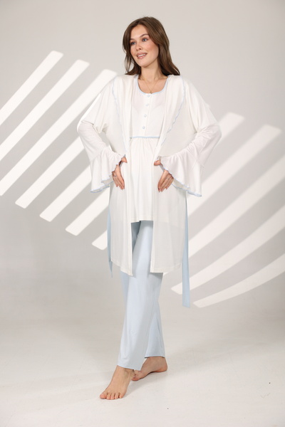 Lohussa Kadın Mavi Volanlı  Özel Tasarım Kısa Kol %100 Pamuk Hamile Sabahlık Pijama Takımı Set