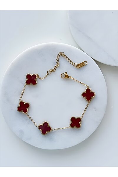 ANGELSS JEWELLERY * Çelik Vintage Alhambra Model Mini Bordo Mineli Altın Zincir 5 Motif Bileklik