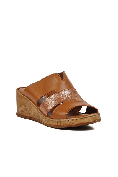 AYAKMOD 465173   Γυναικείες παντόφλες Tan Wedge Heel από γνήσιο δέρμα