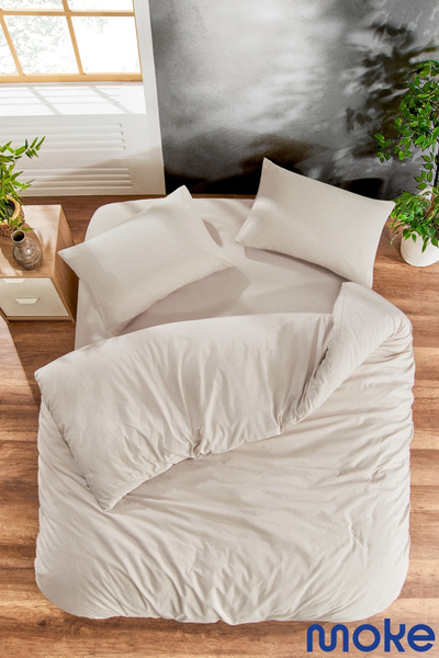moke e ticaret طقم غطاء لحاف مزدوج باللون البيج |   ملاءة جاهزة |   2 أكياس وسادة |   لينة محكم