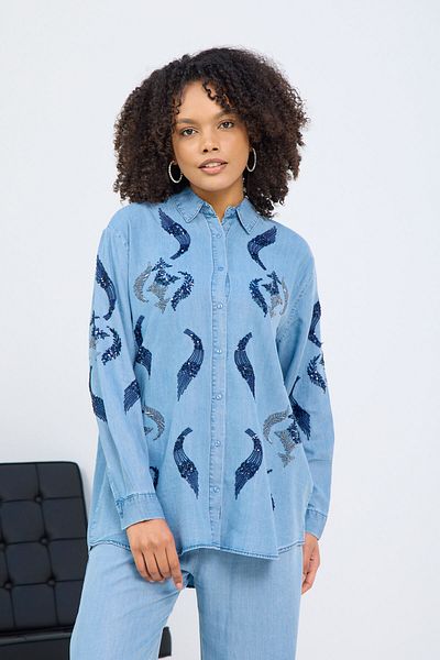 MİA NOURA Mâneci și cămașă cu broderie în față pentru femei din țesătură denim