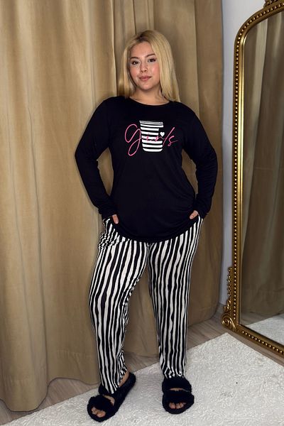 tarzımsüper Women's Plus Size Letter Printed Long Sleeve Button Detailed Black Striped Pajamas Set
