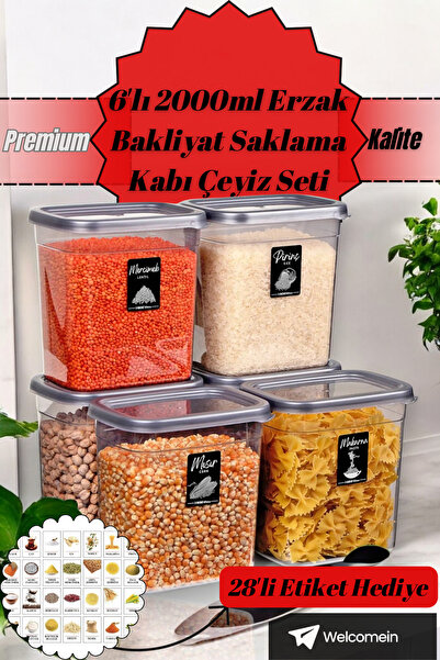 welcomein 6'lı 12 Parça Dikdörtgen 2000ml Erzak Baharat Bakliyat Saklama Kabı...