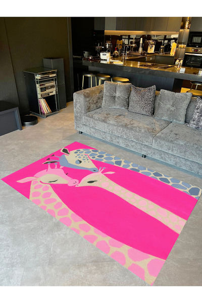 Rugs Modern Halı Güneş Koleksiyonu Pembe Anne Baba ve Bebek Zürafa Desenli Do...