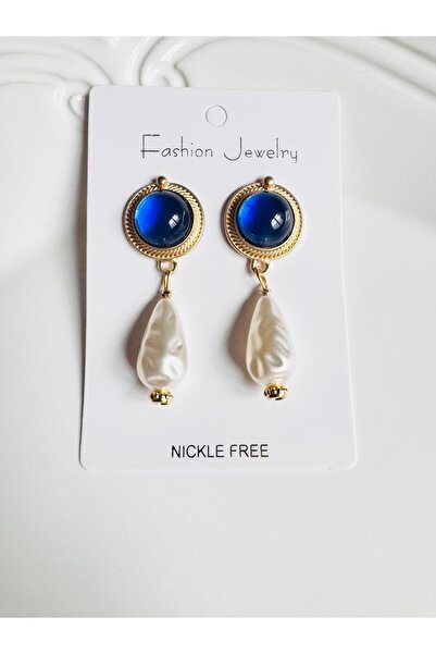 DEVİ fashion Saks Mavisi Vintage Inci Küpe 5 Cm