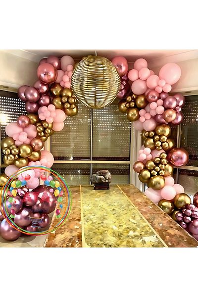 Ata Parti Dünyası Pastel Pink and Chrome Pink Chain Balloon Set - 60 Pieces + Balloon Strip