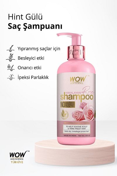 WOW Skin Science Rose Shampoo - 93.4% Natural Content, Almond and Argan Oil 300ml