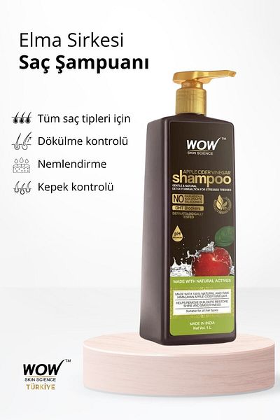 WOW Skin Science Apple Cider Vinegar Shampoo - 100% Pure, Ecocert Certified, Dandruff and Flaking Detail 1L