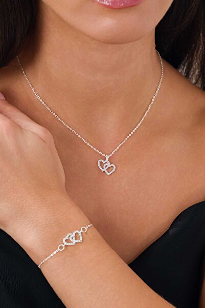 carrot silver Çift Kalp 925 Ayar Gümüş Kolye Bileklik Seti