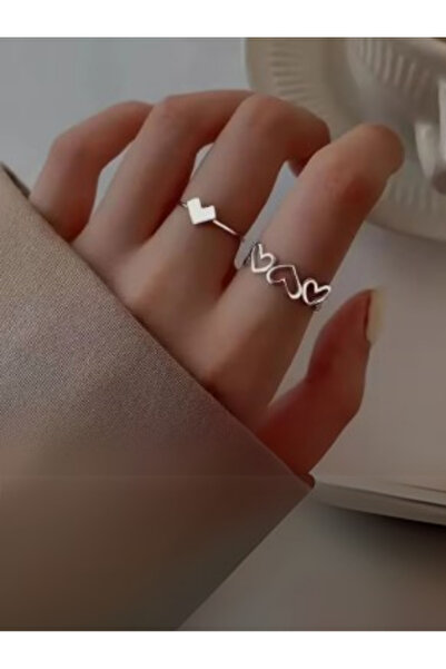 stainless steell İkili Minimal Kalp Tasarımlı Yüzük Seti