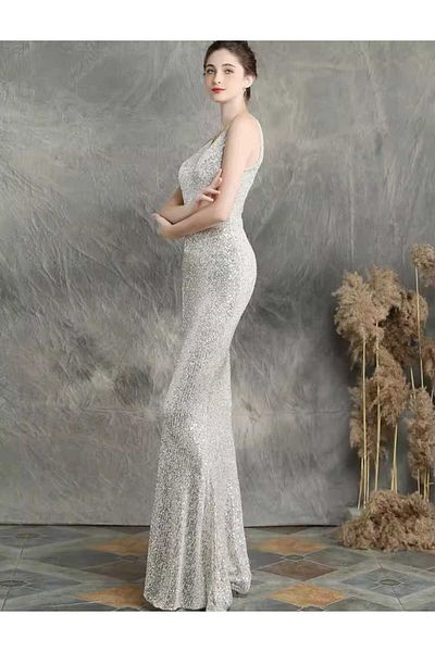 MODAS V-Neck Zero Sleeve Pul Payet Evening Dress