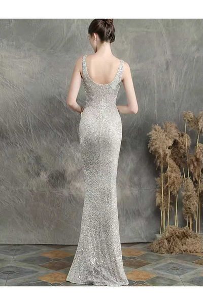 MODAS V-Neck Zero Sleeve Pul Payet Evening Dress