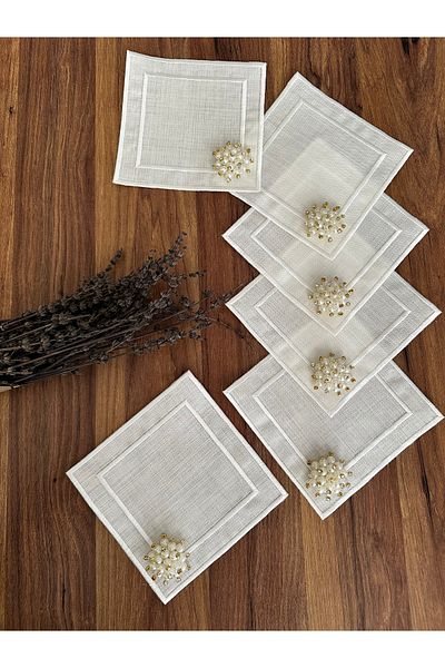 NURHAN HOME COLLECTION Square Cocktail Presentation Napkin with 6 Pearls Ecru Color Embroidery