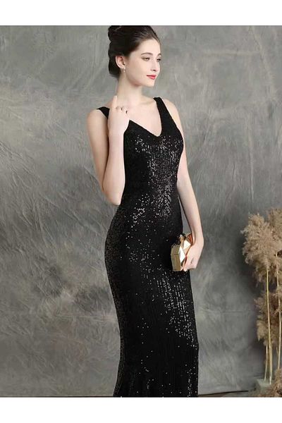 MODAS V-Neck Zero Sleeve Pul Payet Evening Dress