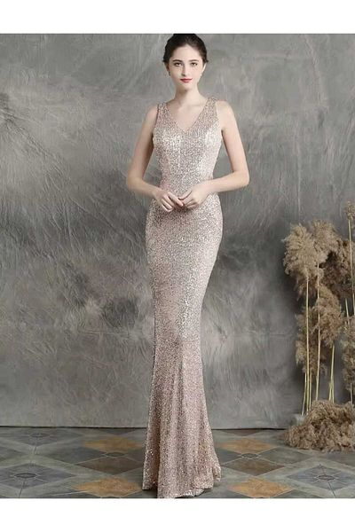 MODAS V-Neck Zero Sleeve Pul Payet Evening Dress