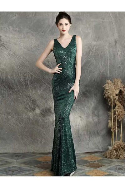 MODAS V-Neck Zero Sleeve Pul Payet Evening Dress