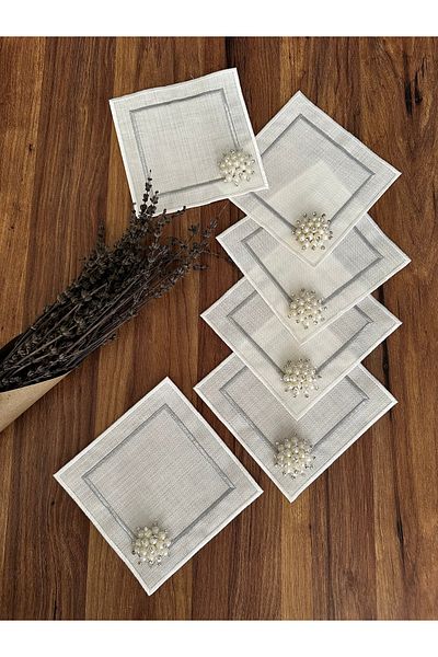 NURHAN HOME COLLECTION 6 bucăți șervețele de prezentare pentru cocktail pătrate brodate de culoare argintiu și ecru cu perle