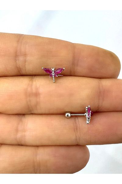 Arescollection 1 Pc Burgundy Zircon Stone Dragonfly Tragus Helix Lobe Flat Compatible Piercing