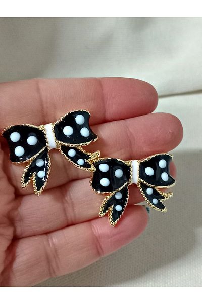 mos&more Black Enamel Bow Polka Dot Earrings