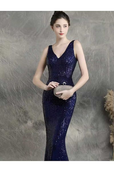 MODAS V-Neck Zero Sleeve Pul Payet Evening Dress
