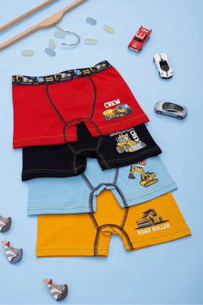 MAN&TO Children's Boxer Shorts with Construction Vehicle Figures, Pack of 4 – 95% Cotton Lycra, Boys