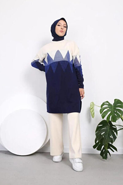 Bold Grup Navy Blue Glittery Zigzag Knitwear Set - Women's Tunic, Pants and Hijab Set of Two