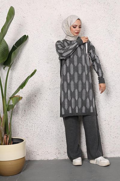 Bold Grup Women's Gray Standard Size Silvery Patterned Hijab Knitwear Suit Tunic Pants Suit