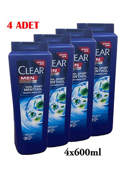 Clear 4 Pieces (4X600 ml) Cool Sport Menthol Effect Shampoo - Effective Against Dandruff