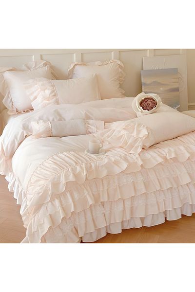 METİNEV Ruffled Powder Color Cotton Satin Bedding Set