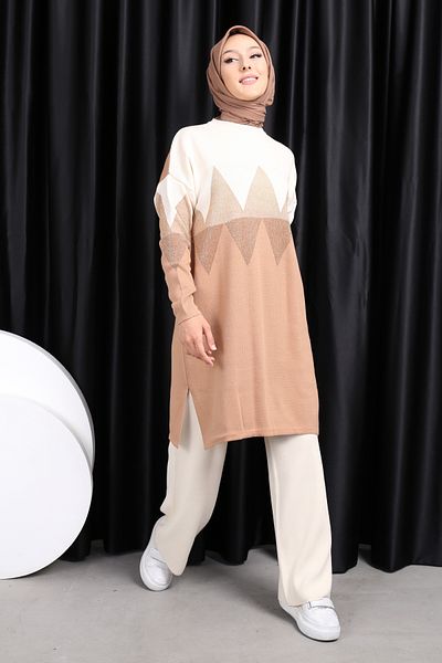 Bold Grup Βιζόν Glitter Zigzag Knitwear Set - Γυναικείο τουνίκ, παντελόνι και μουσουλμανικό σετ δύο τεμαχίων