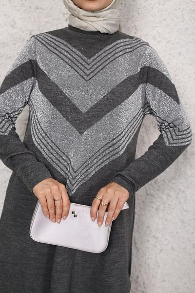 Bold Grup Gray Glitter Knitwear Tunic and Trousers Set - Hijab Set of Two