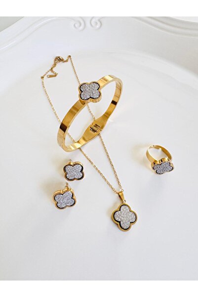 DEVİ fashion Çelik  Kolye Küpe Bilezik Yüzük Cleeff Set