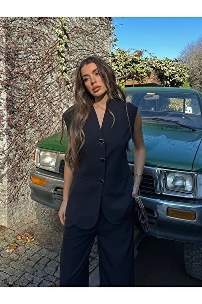 AÈC PRIVÈ Σετ χρυσό γυναικείο γιλέκο και παντελόνι - Κουμπί, Μοντέλο 777