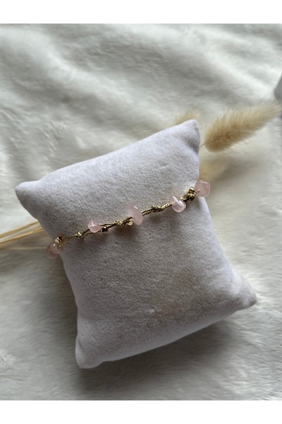 PelvedDesign Pembe Kuvars Taşı Ayarlanabilir Altın İp Bileklik & Halhal El Ya...