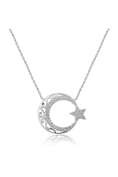 Çelik Zircon Stone Moon Star Steel Necklace