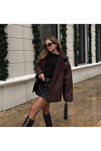 Ekim Store Düğmeli Peluş Lamine Deri Mont