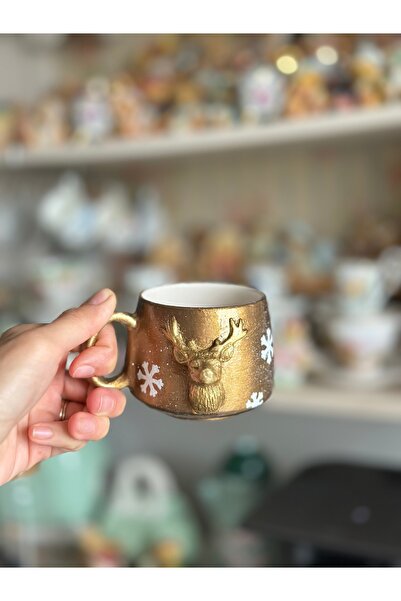 Handmadesign Seramik El Yapımı El Boyaması Boyutlu Fincan Kupa Altın Gold Gey...