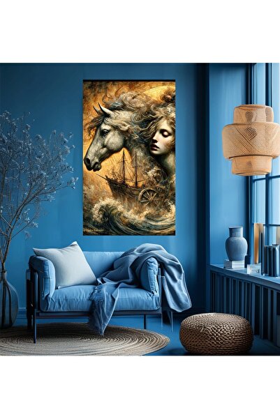 KanvasSepeti Абстрактна картина с кон с грива и жена, маслена живопис, тексту...