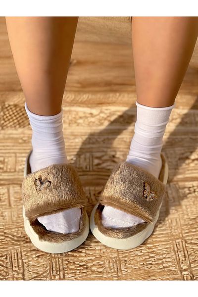 ZvM Women's Brown Plush Home Dowry Slippers with Butterfly Badge